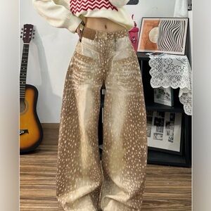 Brown Deer Print Pants for Women Vintage Wide Leg Cheetah Print Jeans Whimsy